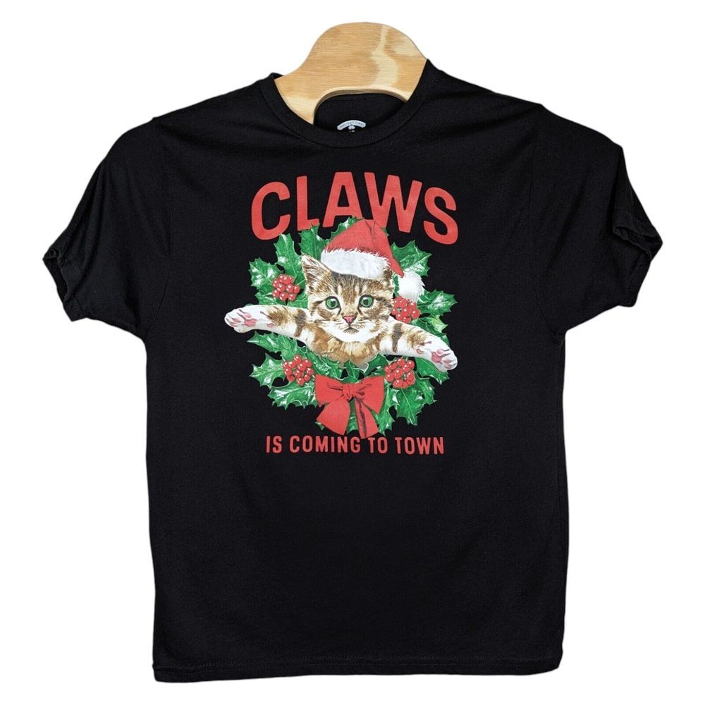 Claws Is Coming To Town Cat Christmas‎ T Shirt Adult Sz Large Black Holiday Time